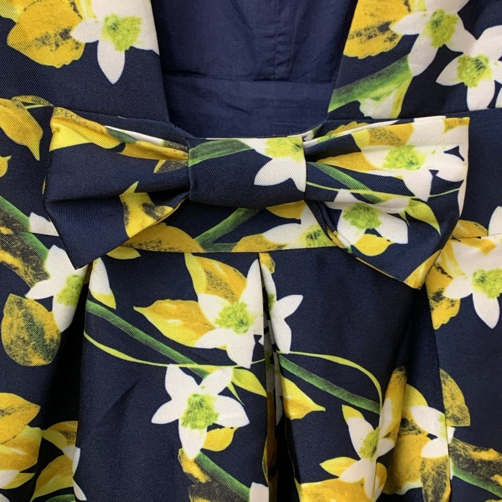 Luxxel Navy Yellow White Floral Fit & Flare Bow Back Dress Medium - Picture 7 of 12
